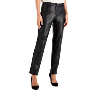 Anne Klein 14 L Black Stretch Vegan Faux Leather Straight Leg Pants Trouser